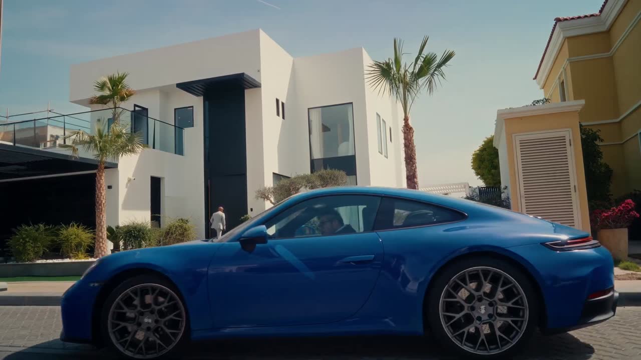 Blue sports car outside a white modern villa in Dubai